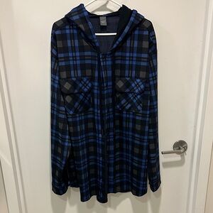 Blue and Black Plaid Button-Up Hoodie